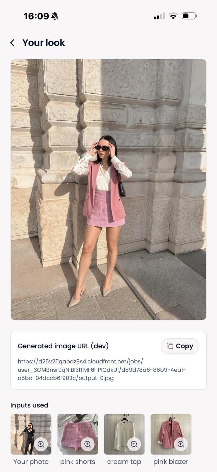Stylr try-on built from the user's own wardrobe pieces